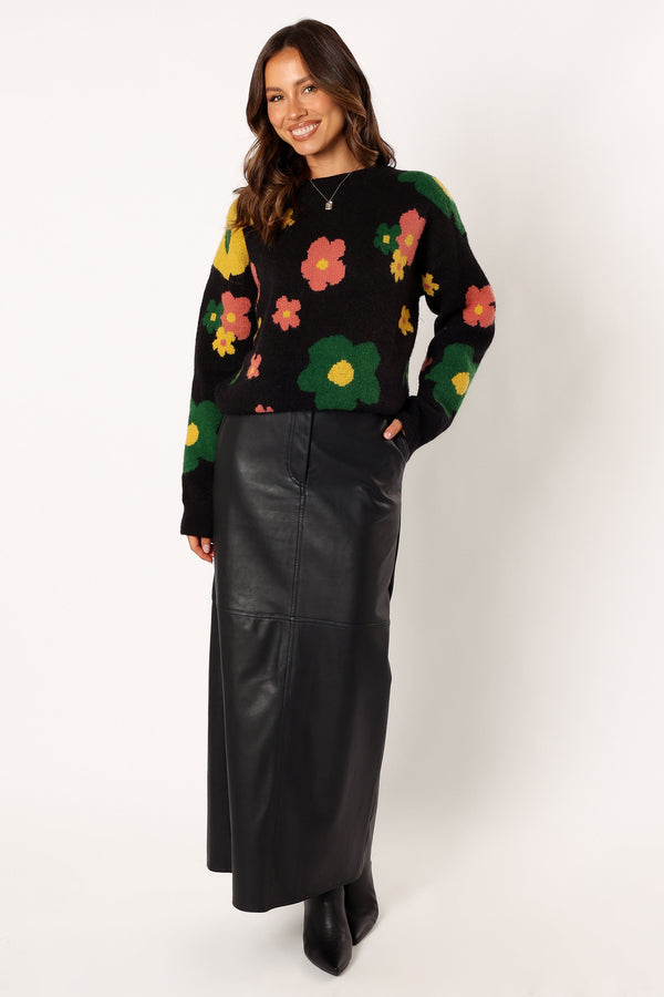 KNITWEAR @Lexie Multi Color Flower Knit Sweater - Black Multi