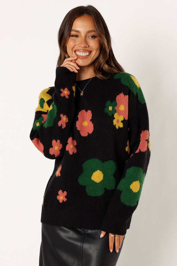 KNITWEAR @Lexie Multi Color Flower Knit Sweater - Black Multi