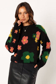 KNITWEAR @Lexie Multi Color Flower Knit Sweater - Black Multi