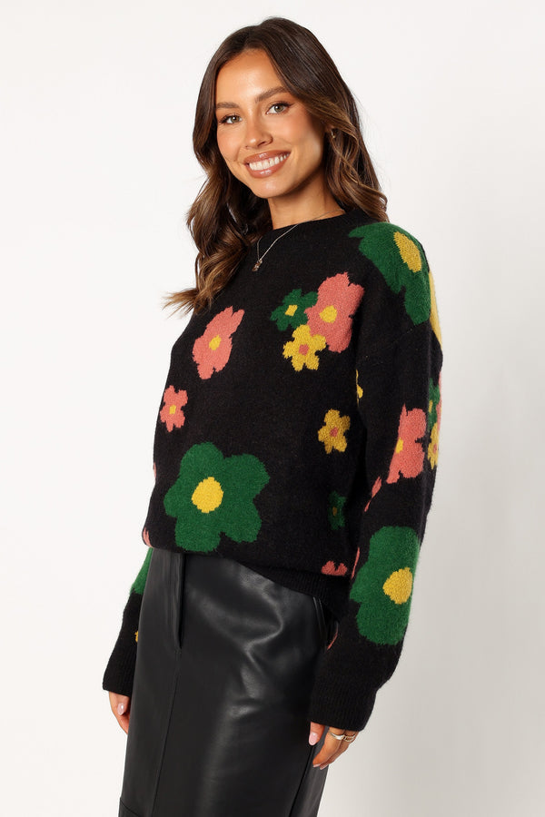 KNITWEAR @Lexie Multi Color Flower Knit Sweater - Black Multi