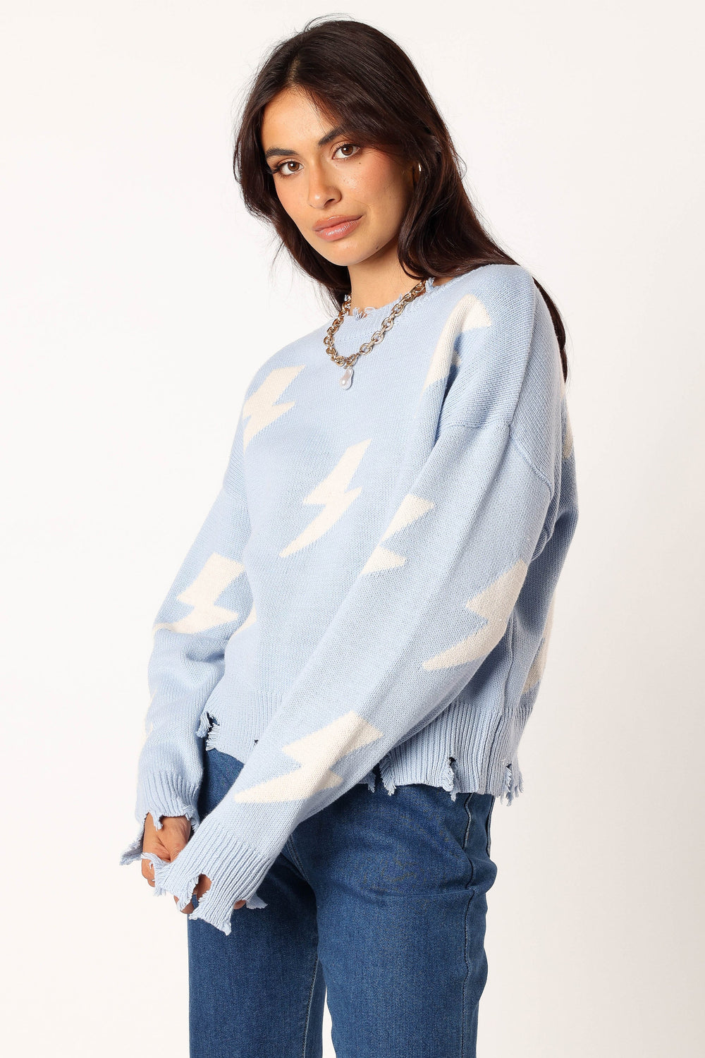 KNITWEAR @Lightning Bolt Printed Fray Detail Knit Sweater - Light Blue