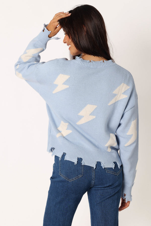 KNITWEAR @Lightning Bolt Printed Fray Detail Knit Sweater - Light Blue