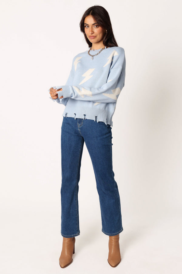 KNITWEAR @Lightning Bolt Printed Fray Detail Knit Sweater - Light Blue