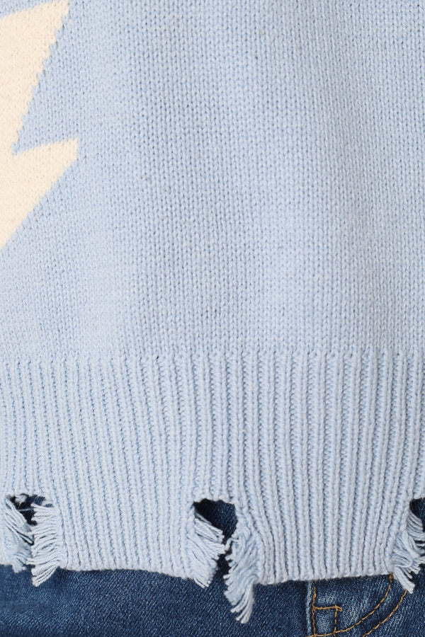 KNITWEAR @Lightning Bolt Printed Fray Detail Knit Sweater - Light Blue