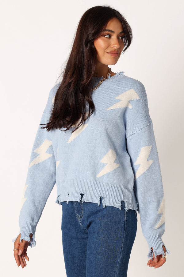 KNITWEAR @Lightning Bolt Printed Fray Detail Knit Sweater - Light Blue