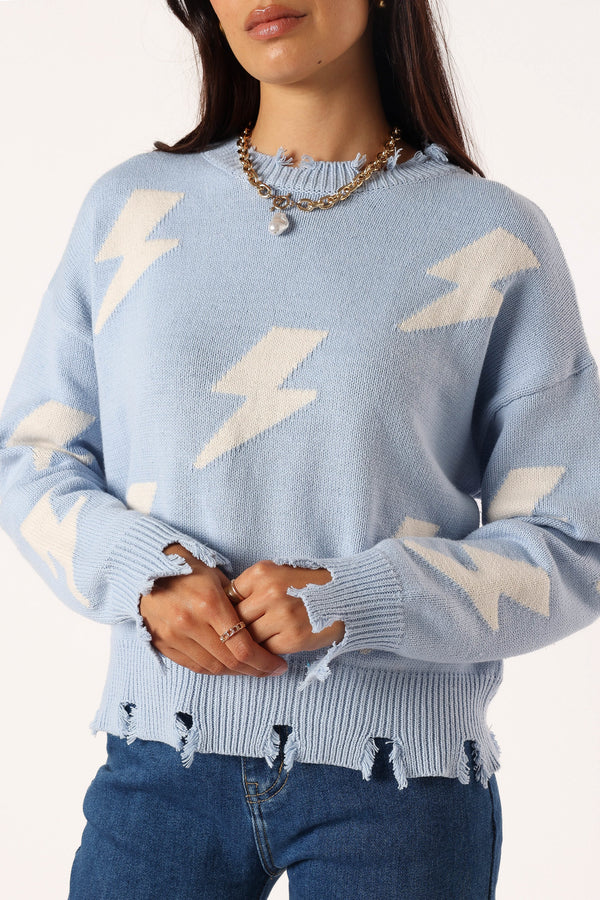 KNITWEAR @Lightning Bolt Printed Fray Detail Knit Sweater - Light Blue