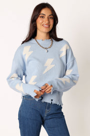 KNITWEAR @Lightning Bolt Printed Fray Detail Knit Sweater - Light Blue