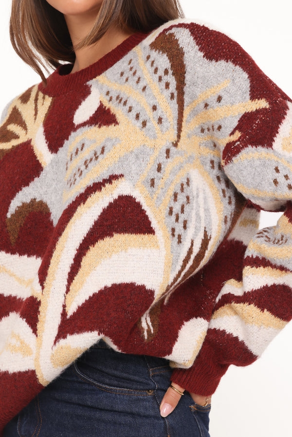 KNITWEAR Lirael Botanical Crew Neck Sweater - Burgundy