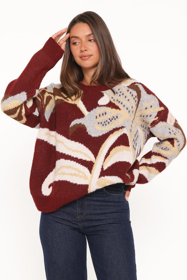KNITWEAR Lirael Botanical Crew Neck Sweater - Burgundy