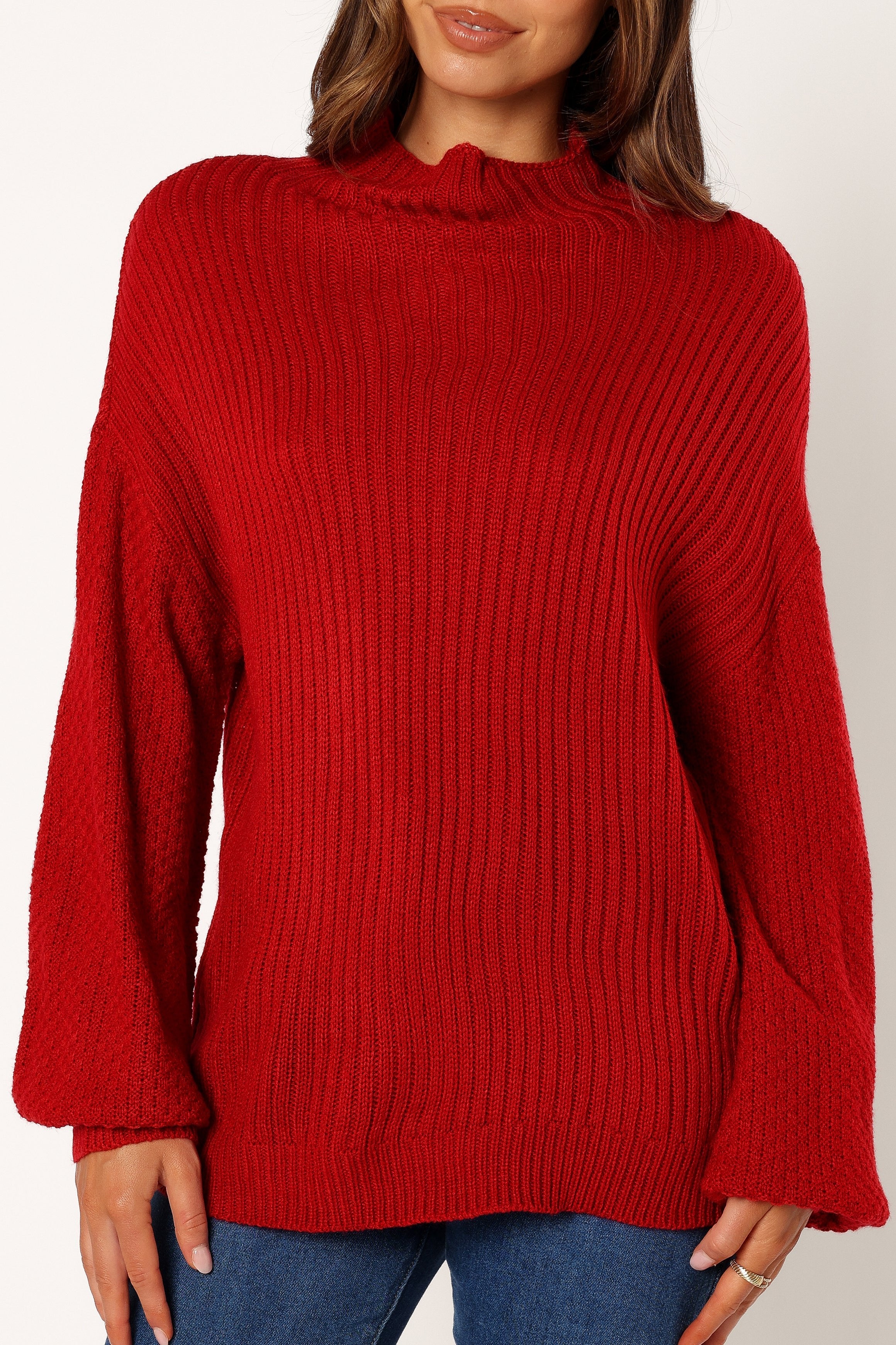 KNITWEAR @Lorelei Textured Sleeve Knit Sweater - Red