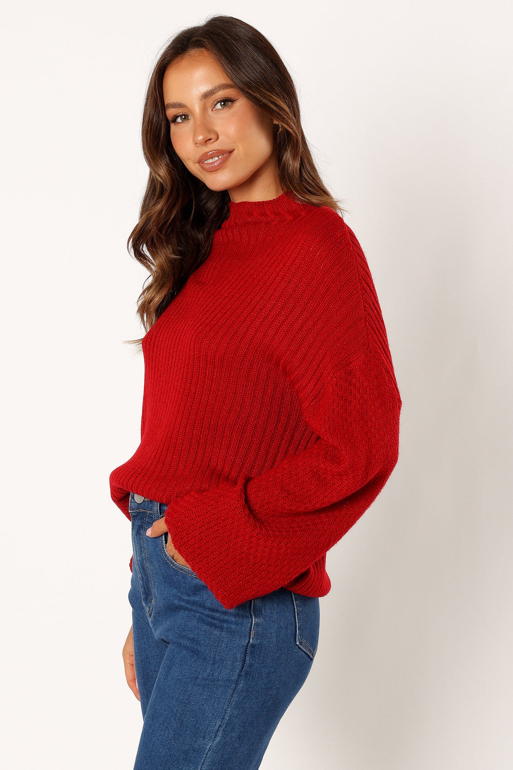 KNITWEAR @Lorelei Textured Sleeve Knit Sweater - Red