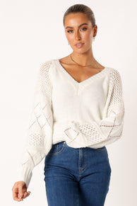 KNITWEAR @Lottie V Neck Texture Sleeve Knit Sweater - White