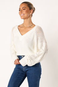 KNITWEAR @Lottie V Neck Texture Sleeve Knit Sweater - White