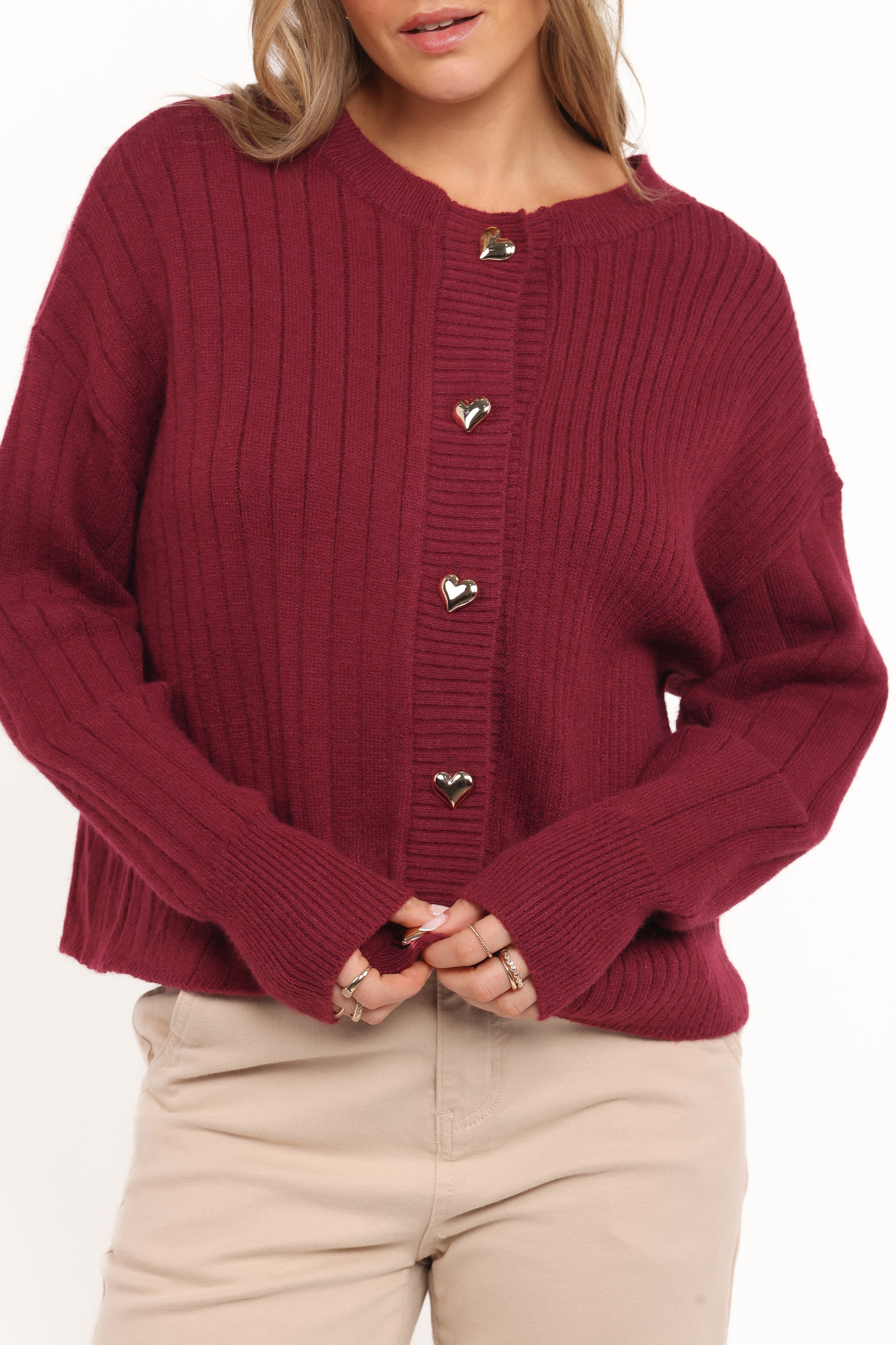 KNITWEAR Loulani Heart Button Cardigan - Cherry