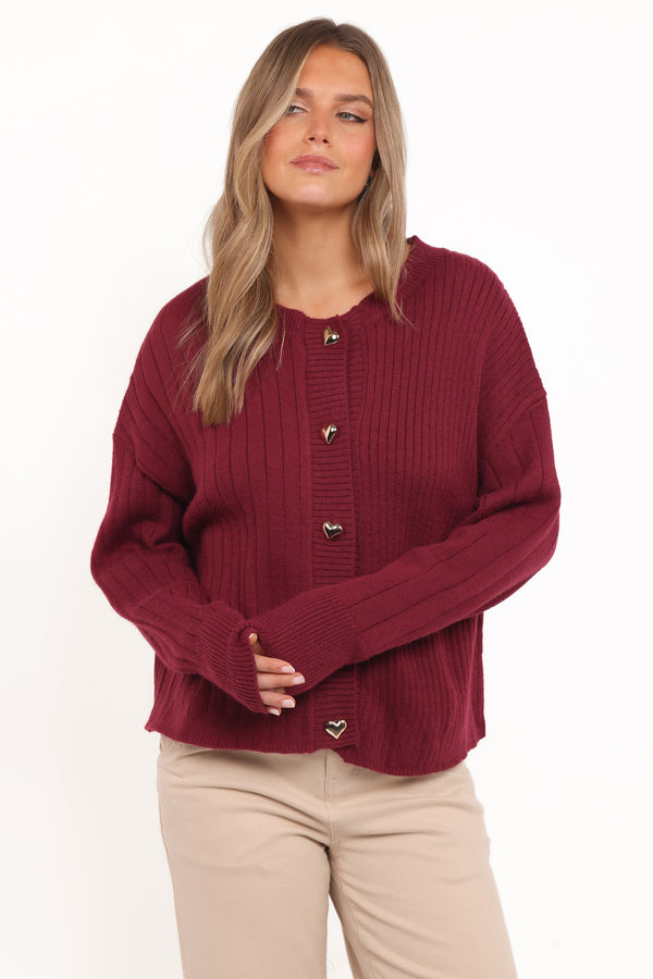 KNITWEAR Loulani Heart Button Cardigan - Cherry