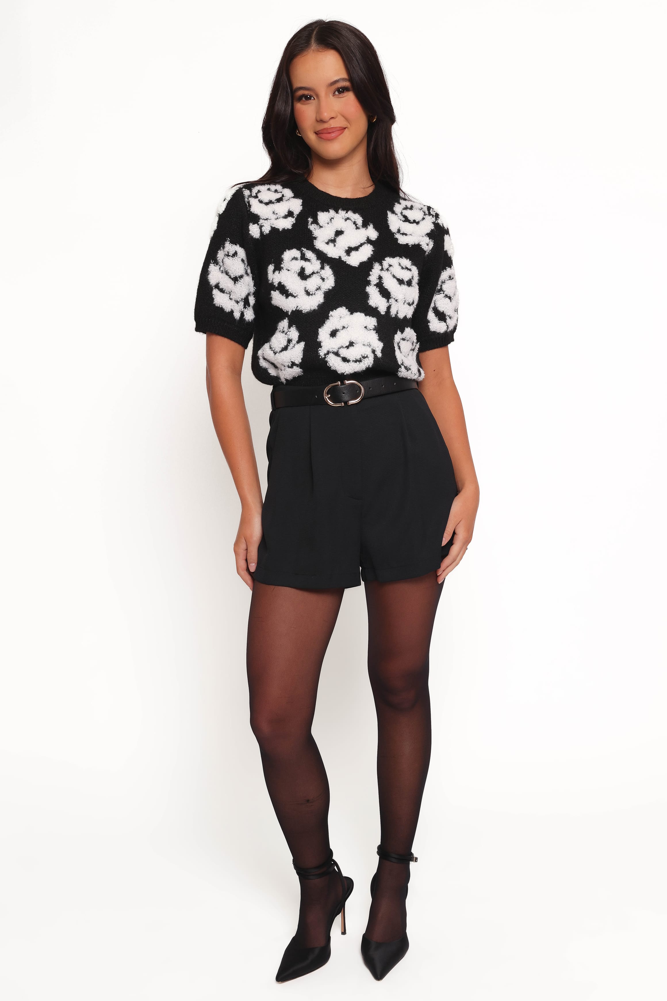 KNITWEAR Lumara Texture Flower Short Sleeve Sweater - Black