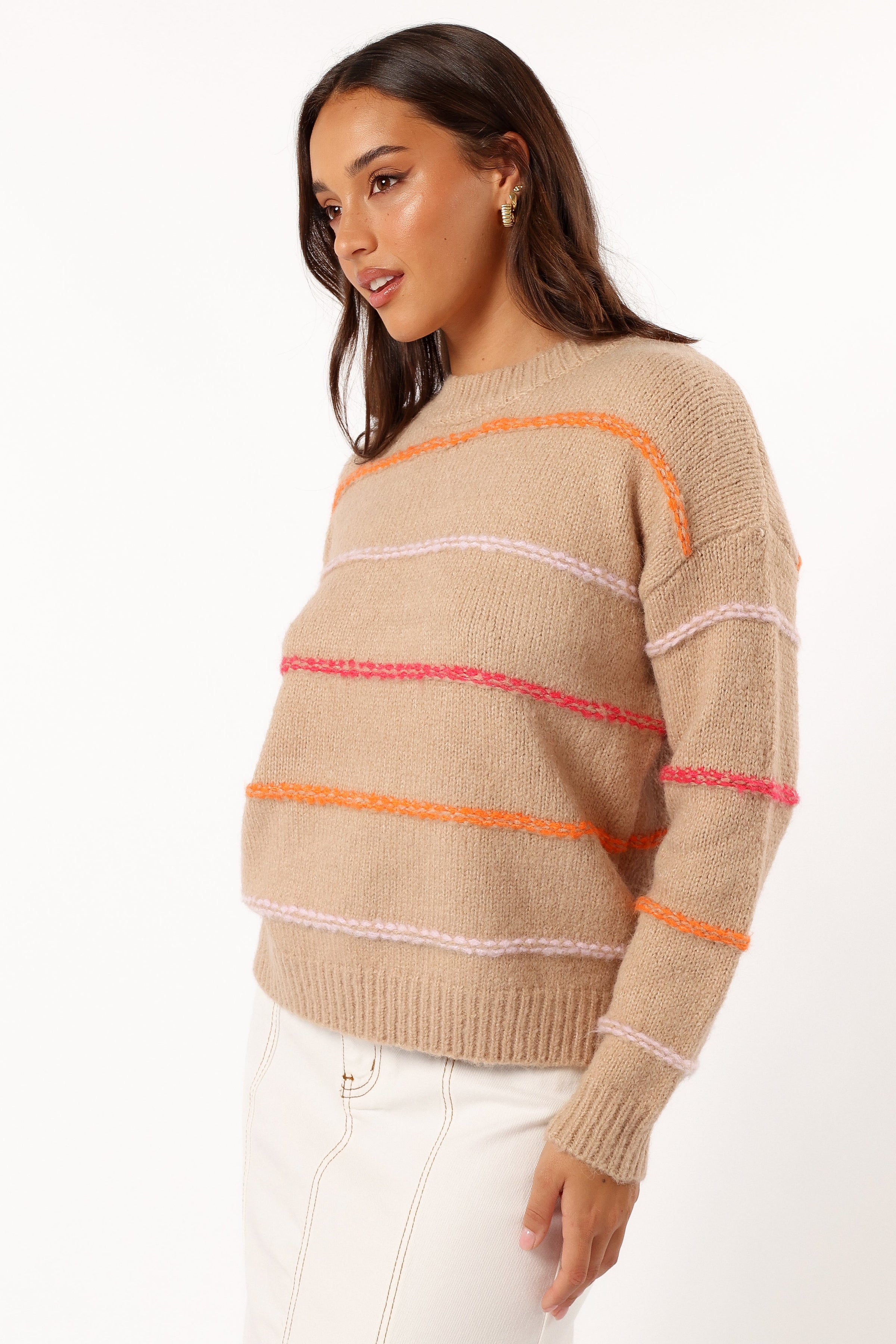 KNITWEAR Lyla Multi Color Stripe Knit Sweater - Camel