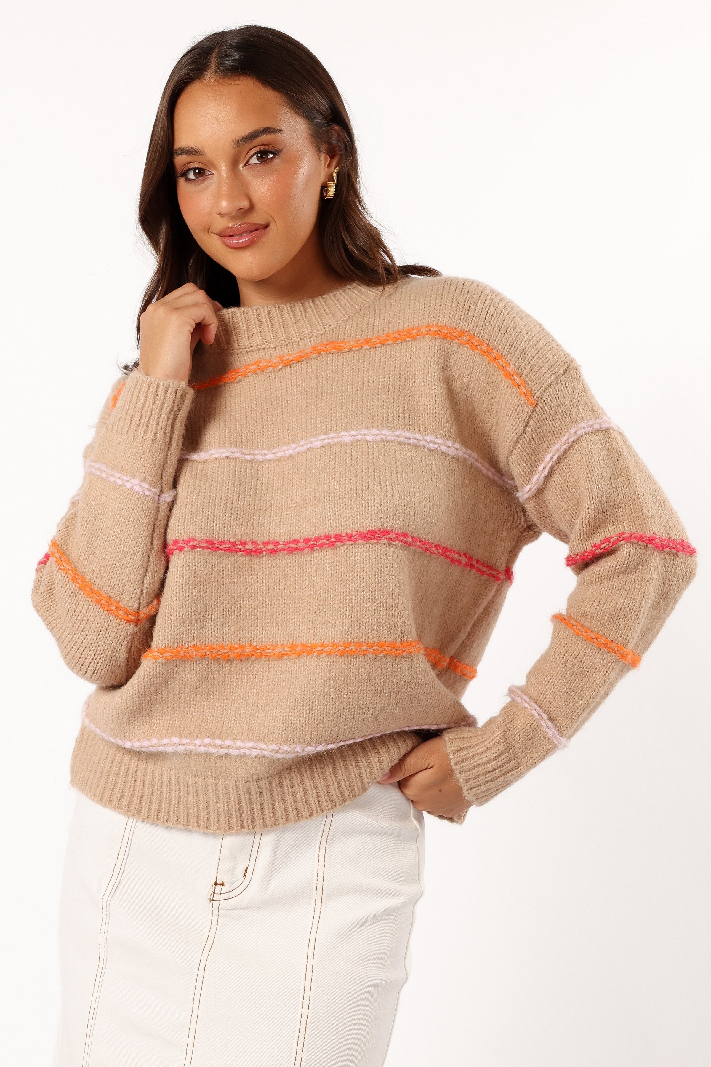 KNITWEAR Lyla Multi Color Stripe Knit Sweater - Camel