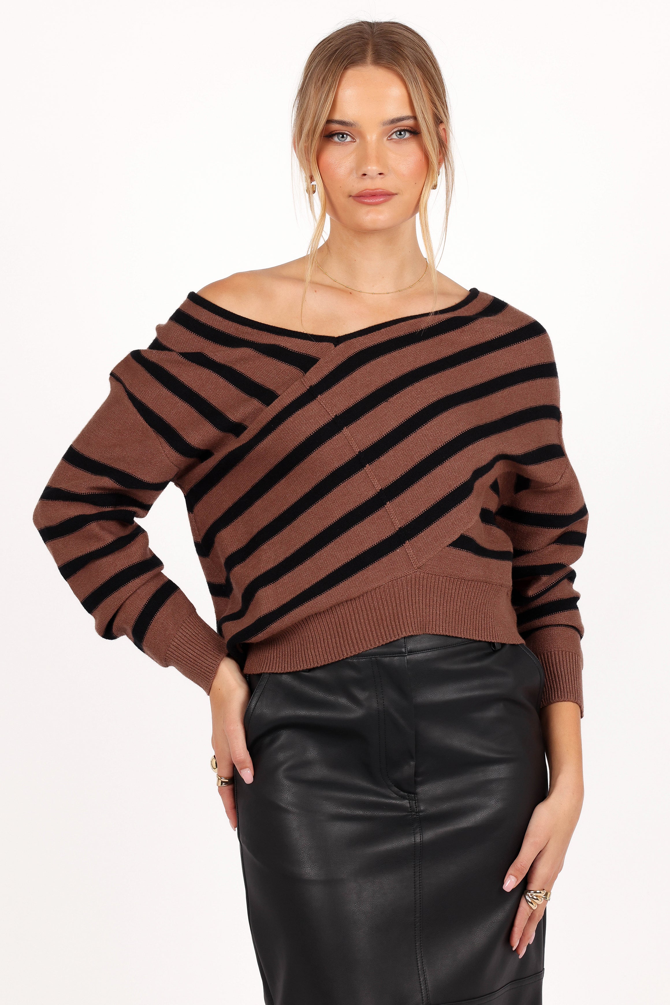 KNITWEAR Lynette Criss Cross Stripe Sweater - Black/Tan