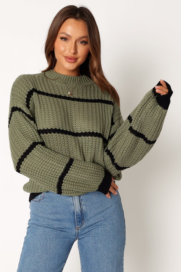 KNITWEAR @Magdalena Striped Knit Sweater - Khaki