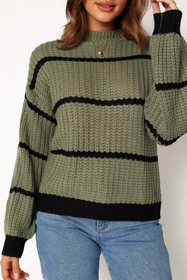 KNITWEAR @Magdalena Striped Knit Sweater - Khaki