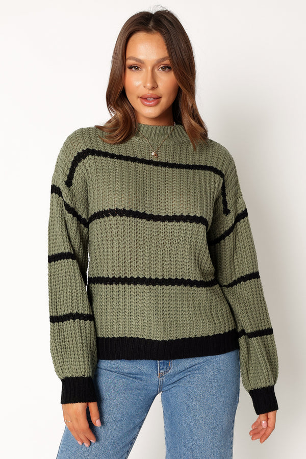 KNITWEAR @Magdalena Striped Knit Sweater - Khaki