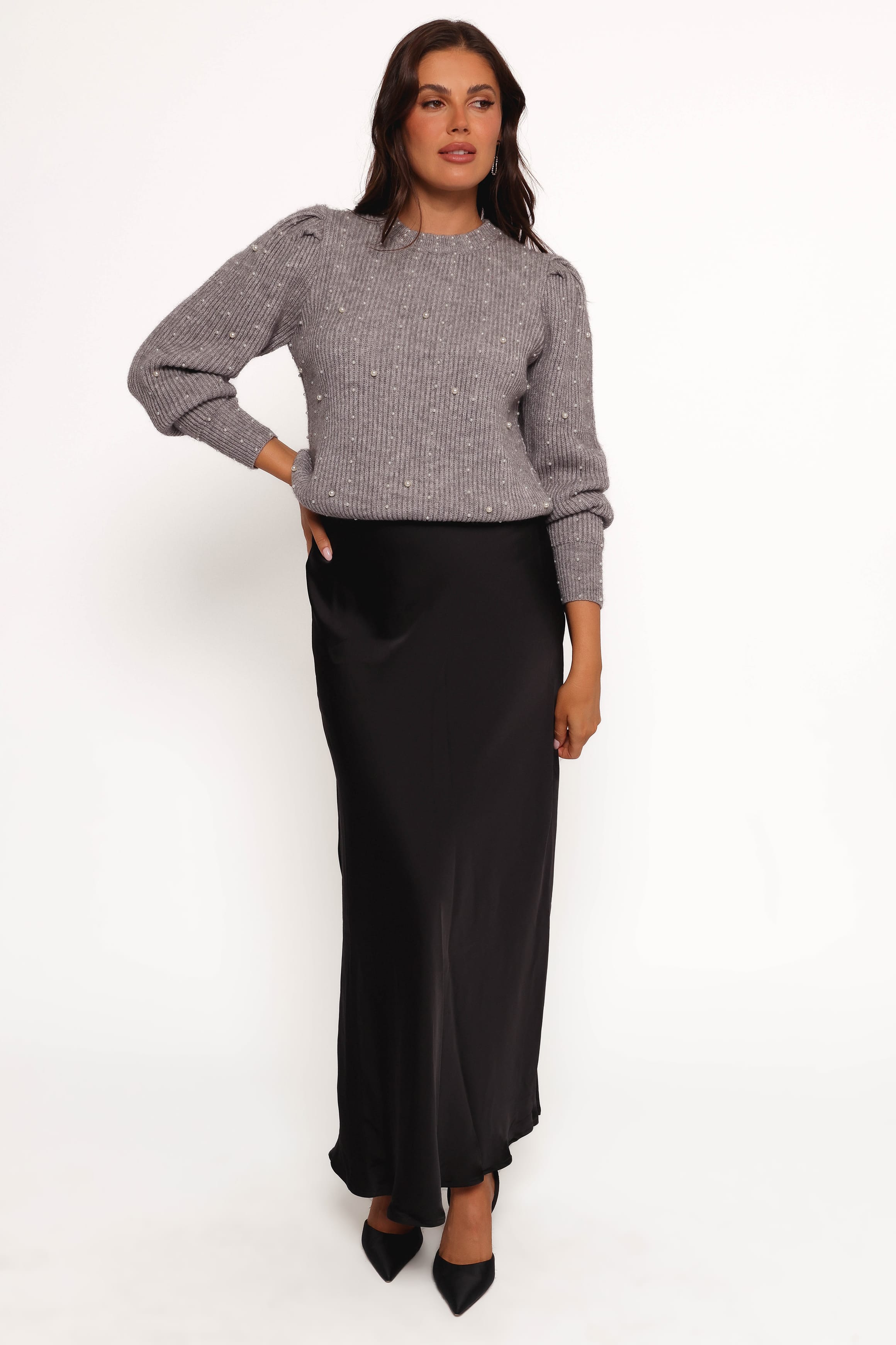 KNITWEAR Makena Pearl Detail Knit Sweater - Heather Grey