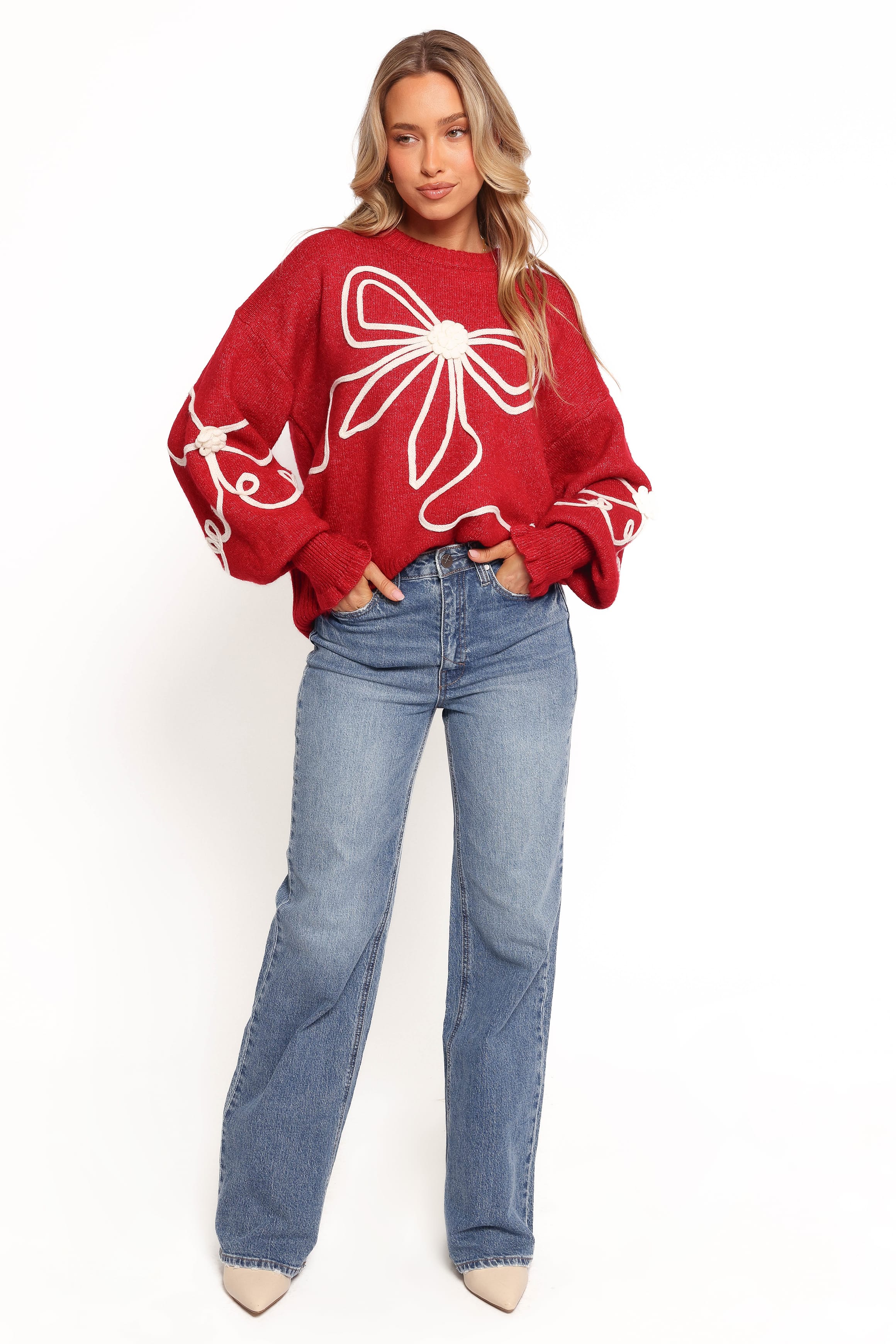 KNITWEAR Mardi Large Bow Knit Sweater - Red/Cream