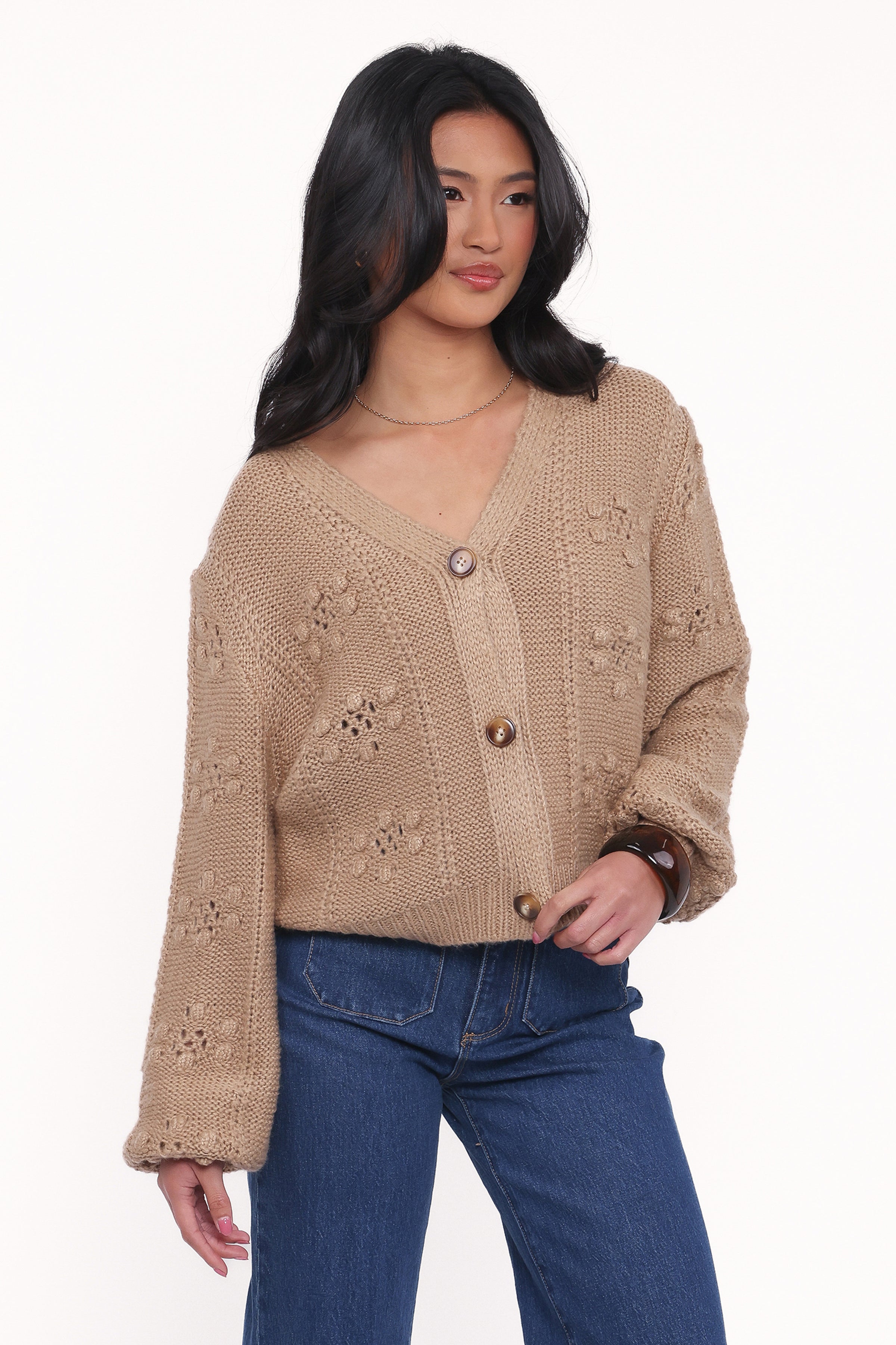 KNITWEAR Melody Textured Button Up Cardigan - Mushroom
