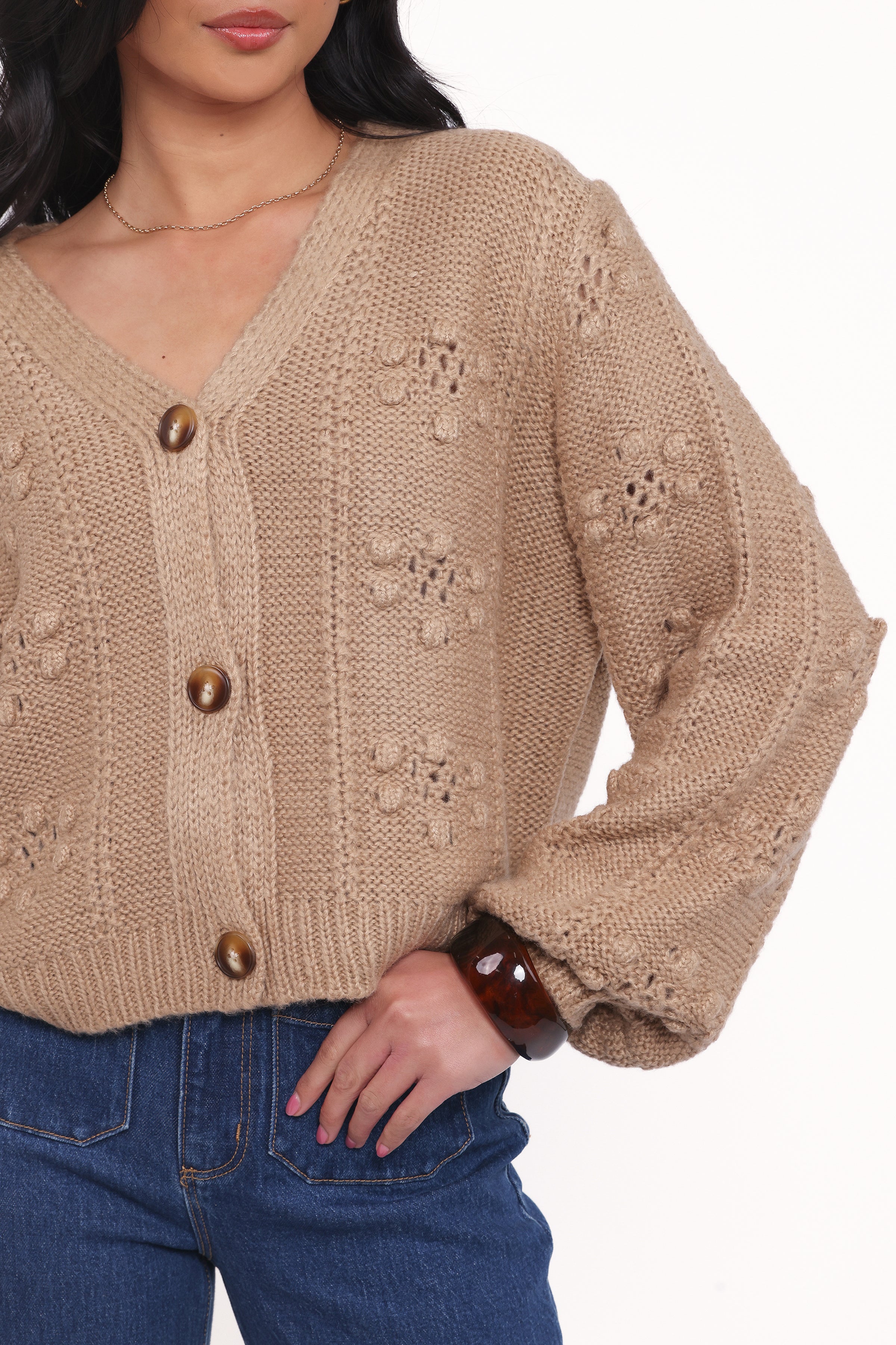 KNITWEAR Melody Textured Button Up Cardigan - Mushroom