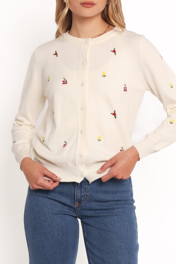 KNITWEAR Millen Flower Embroidery Cardigan - Cream