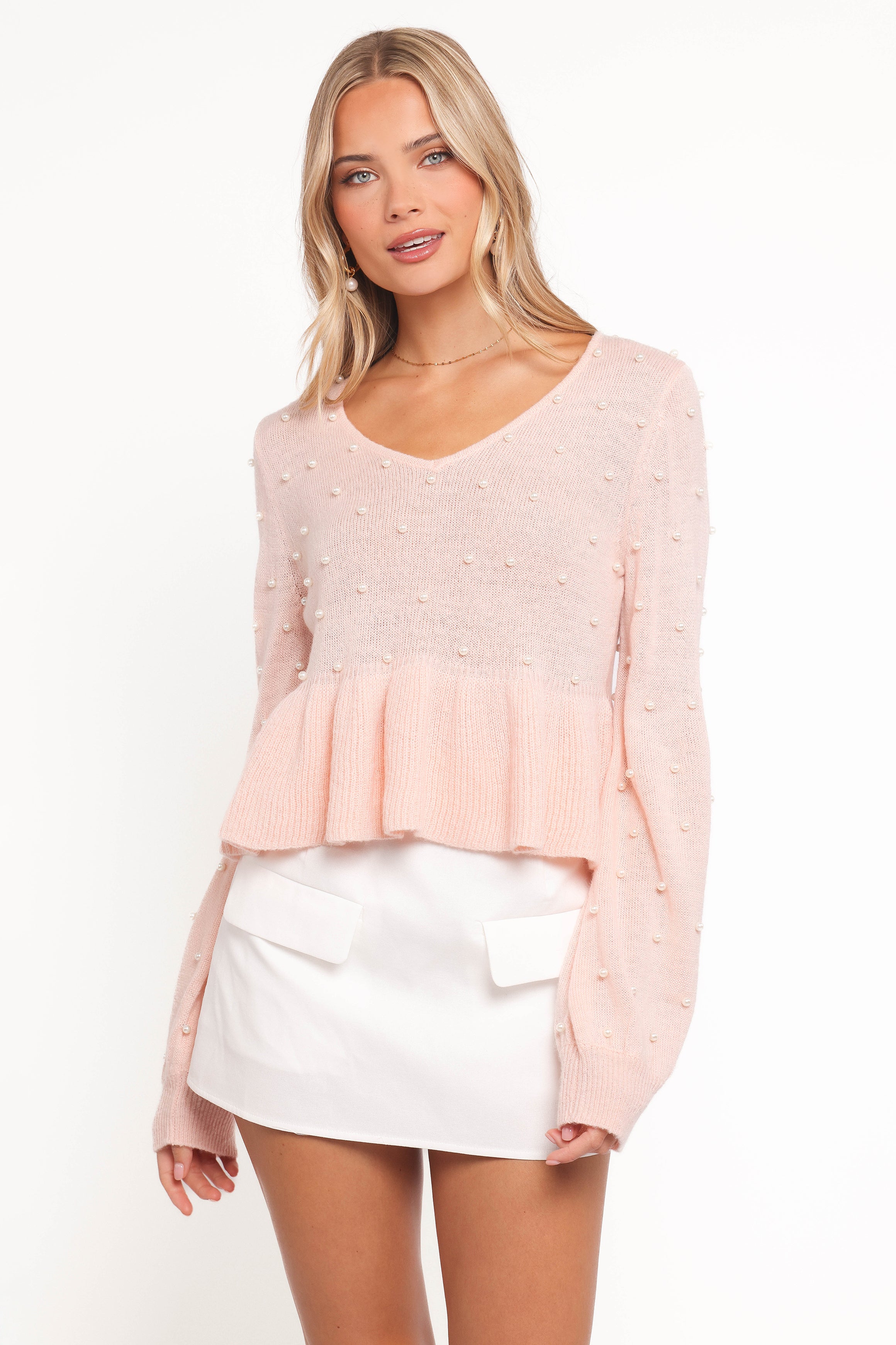 KNITWEAR Molly Pearl Peplum Knit Sweater - Light Pink