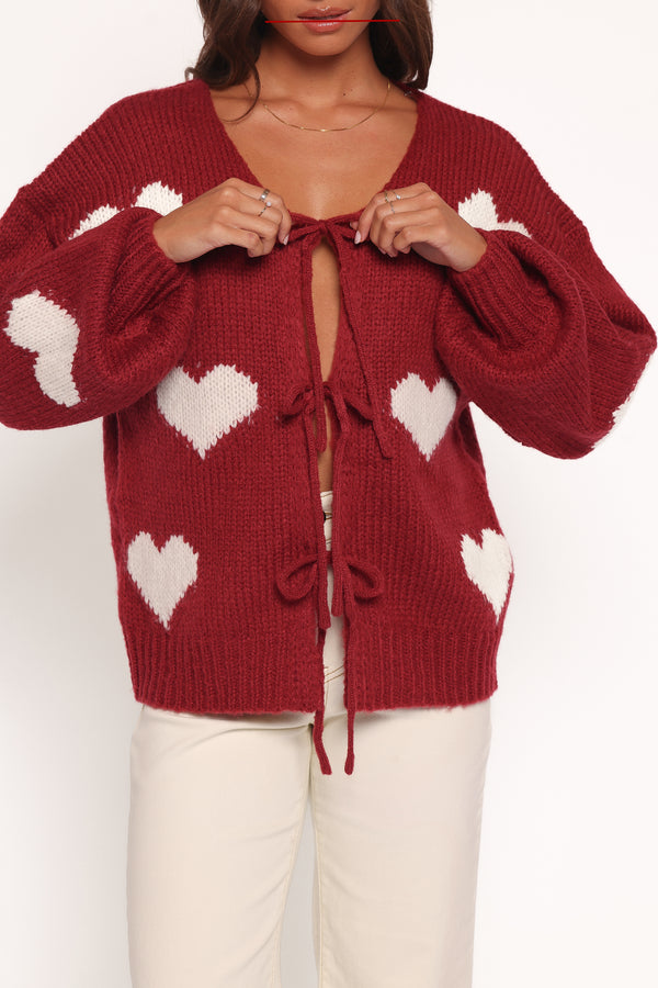KNITWEAR Nadine All Over Heart Tie Front Cardigan - Wine