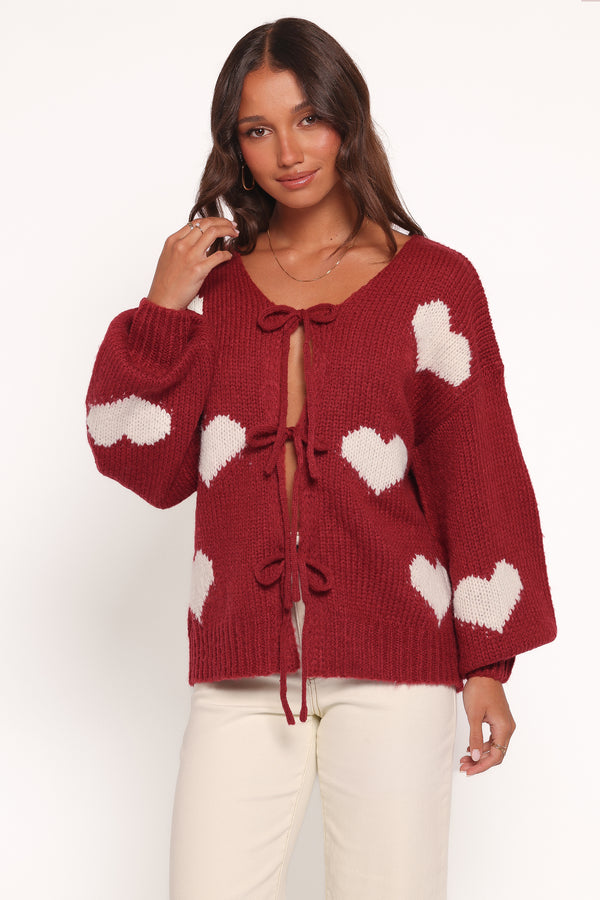 KNITWEAR Nadine All Over Heart Tie Front Cardigan - Wine