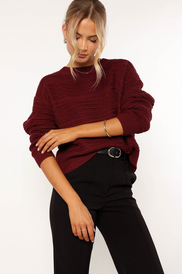 KNITWEAR @Nancy Crewneck Textured Knit Sweater - Burgundy