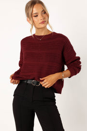 KNITWEAR @Nancy Crewneck Textured Knit Sweater - Burgundy