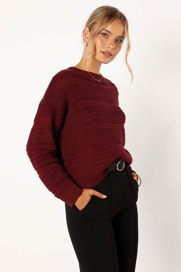 KNITWEAR @Nancy Crewneck Textured Knit Sweater - Burgundy