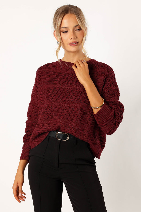 KNITWEAR @Nancy Crewneck Textured Knit Sweater - Burgundy