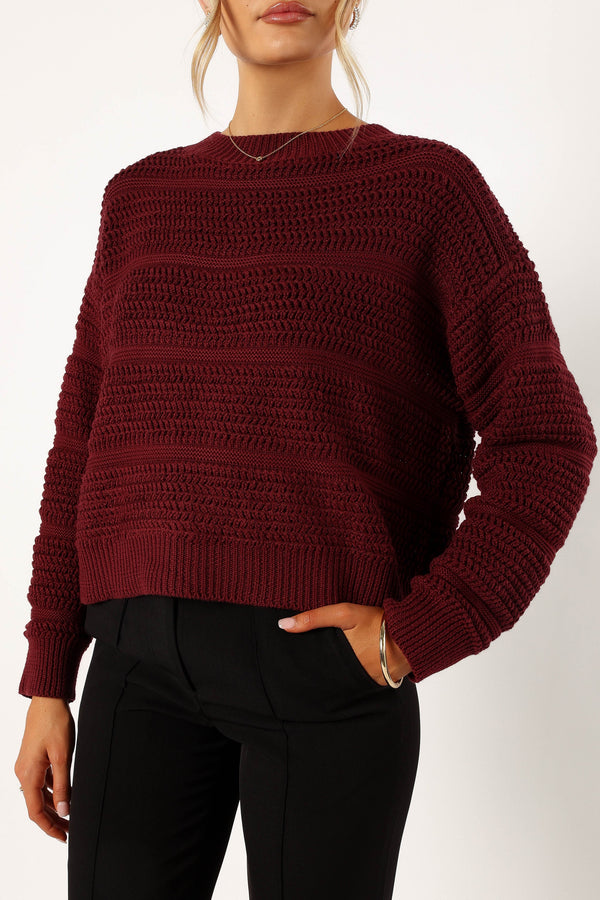 KNITWEAR @Nancy Crewneck Textured Knit Sweater - Burgundy