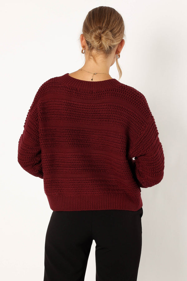 KNITWEAR @Nancy Crewneck Textured Knit Sweater - Burgundy