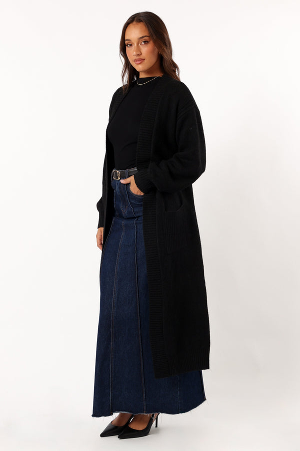 KNITWEAR @Nicolette Open Front Long Cardigan - Black