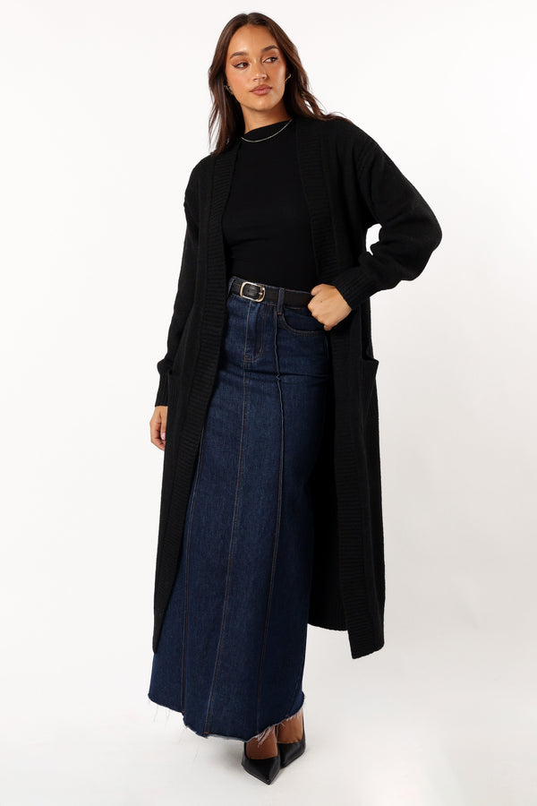 KNITWEAR @Nicolette Open Front Long Cardigan - Black