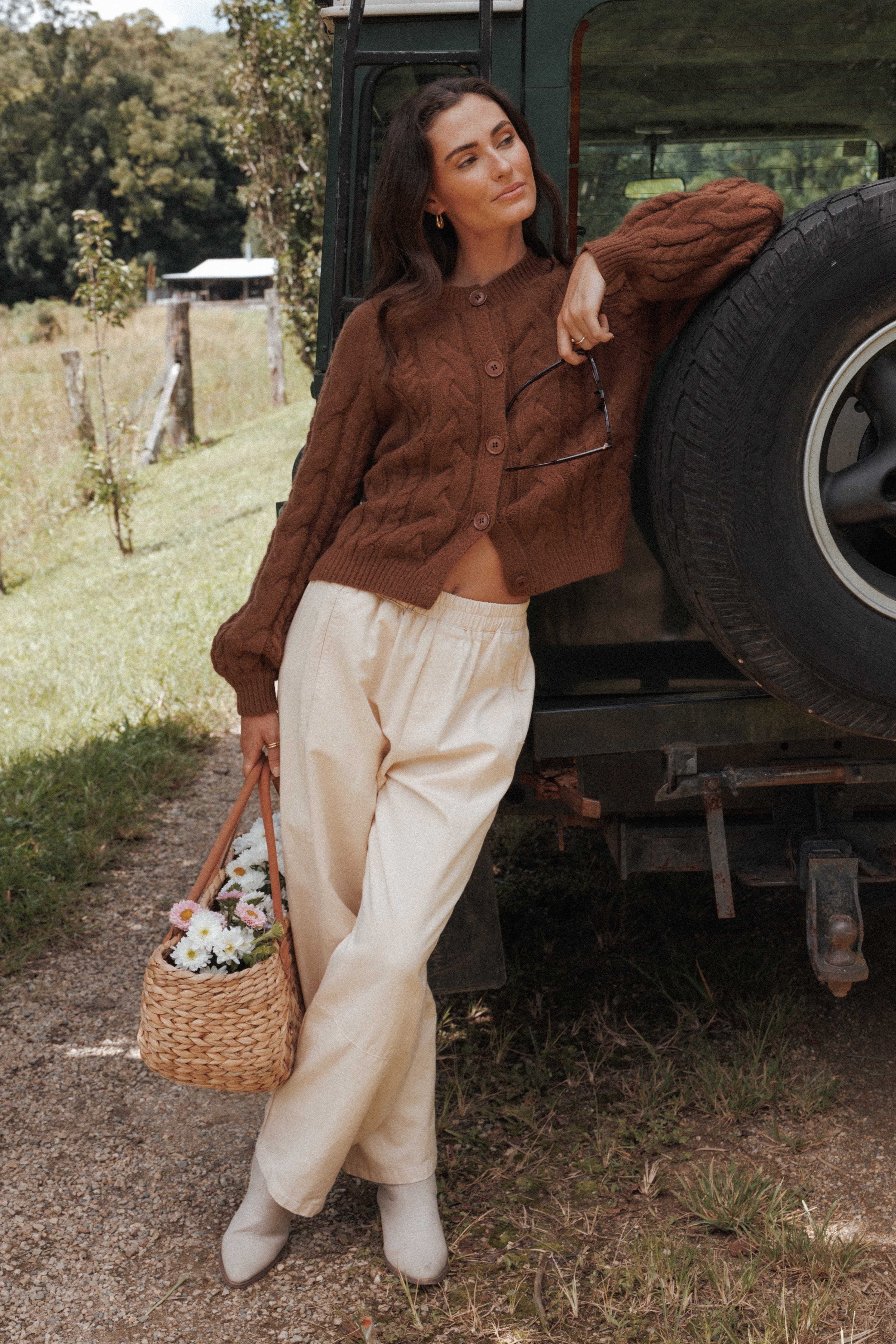 Nika Cable Knit Cardigan - Brown | Petal & Pup