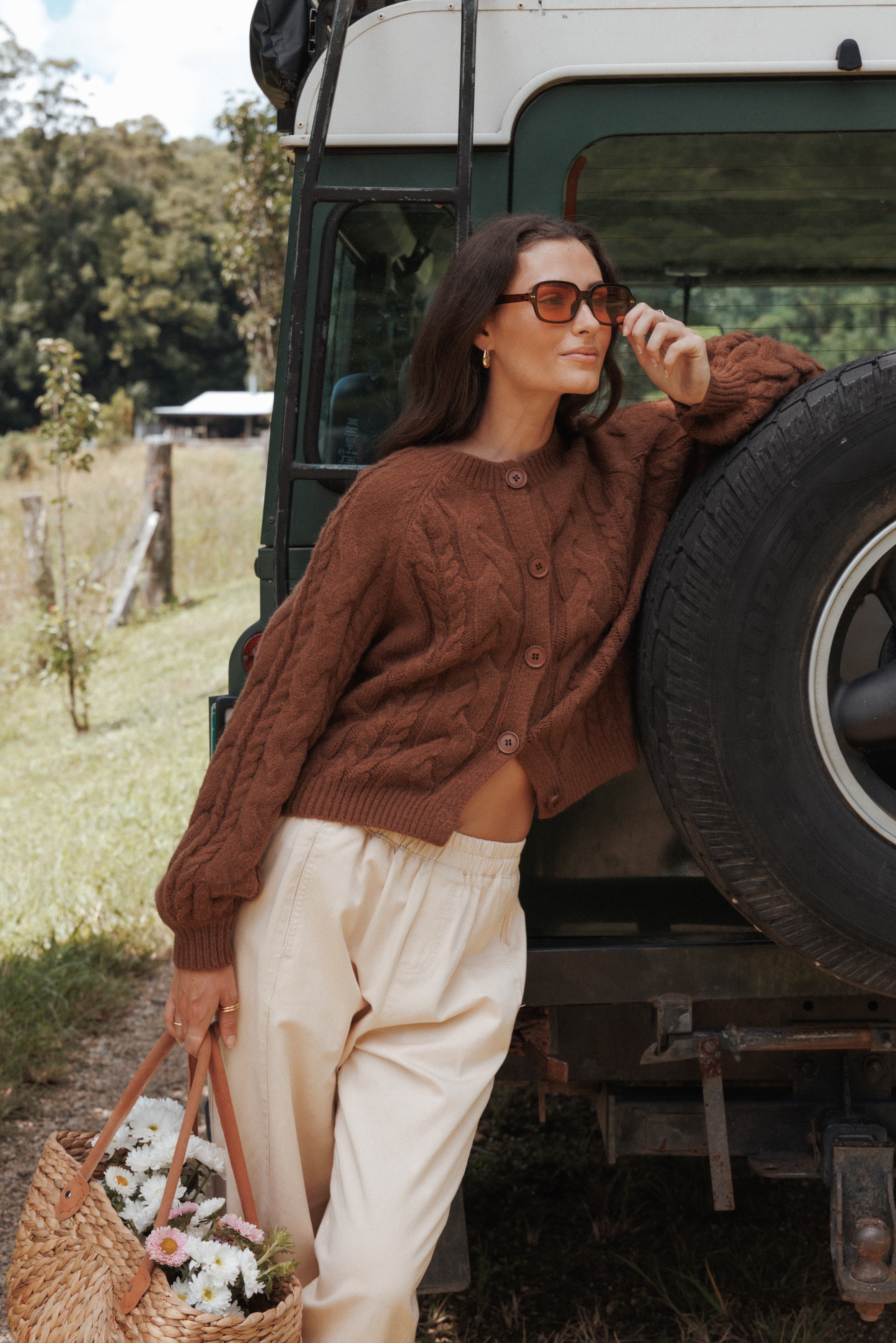 Nika Cable Knit Cardigan - Brown | Petal & Pup