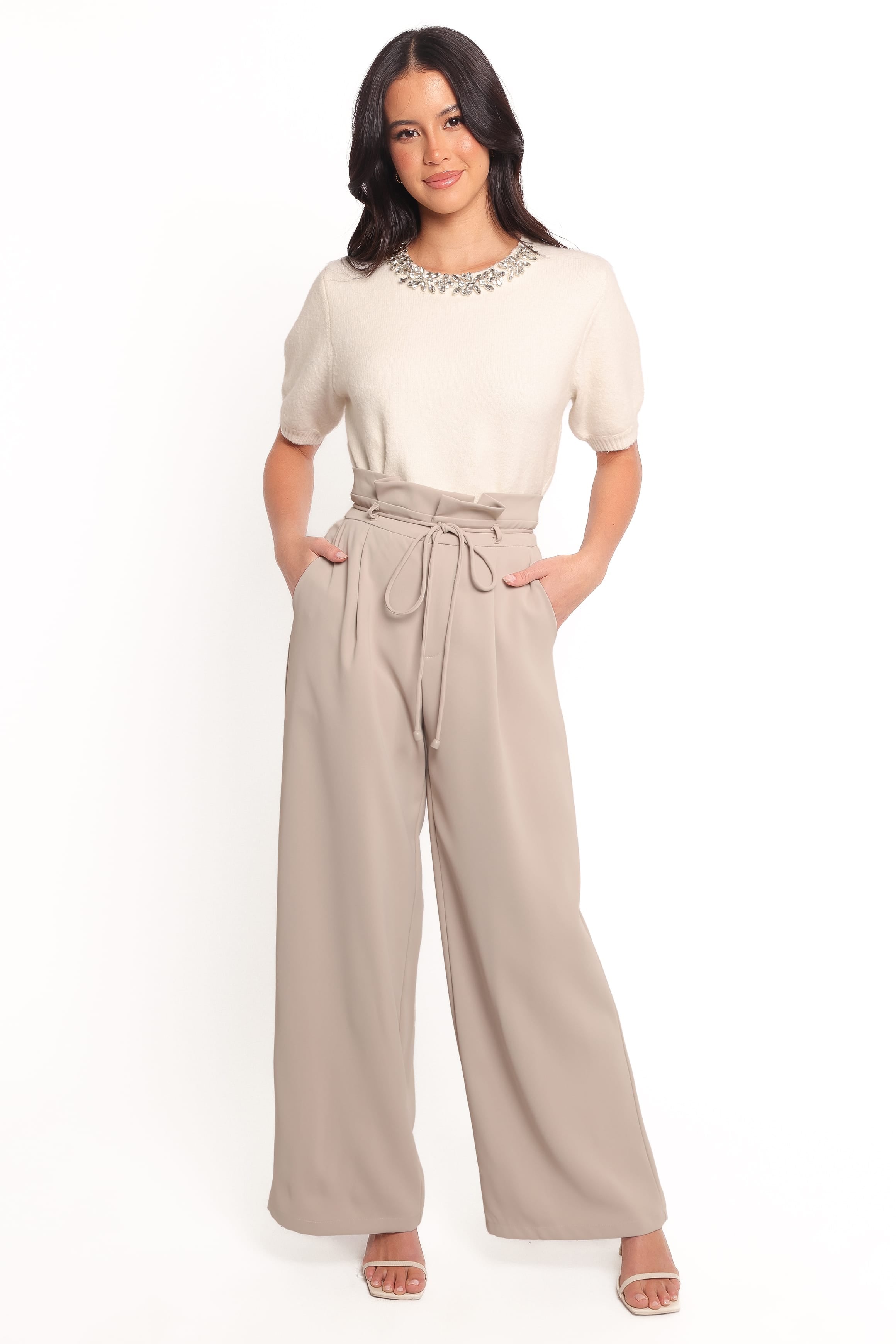 KNITWEAR Orlana Embellished Neck Short Sleeve Sweater - Cream