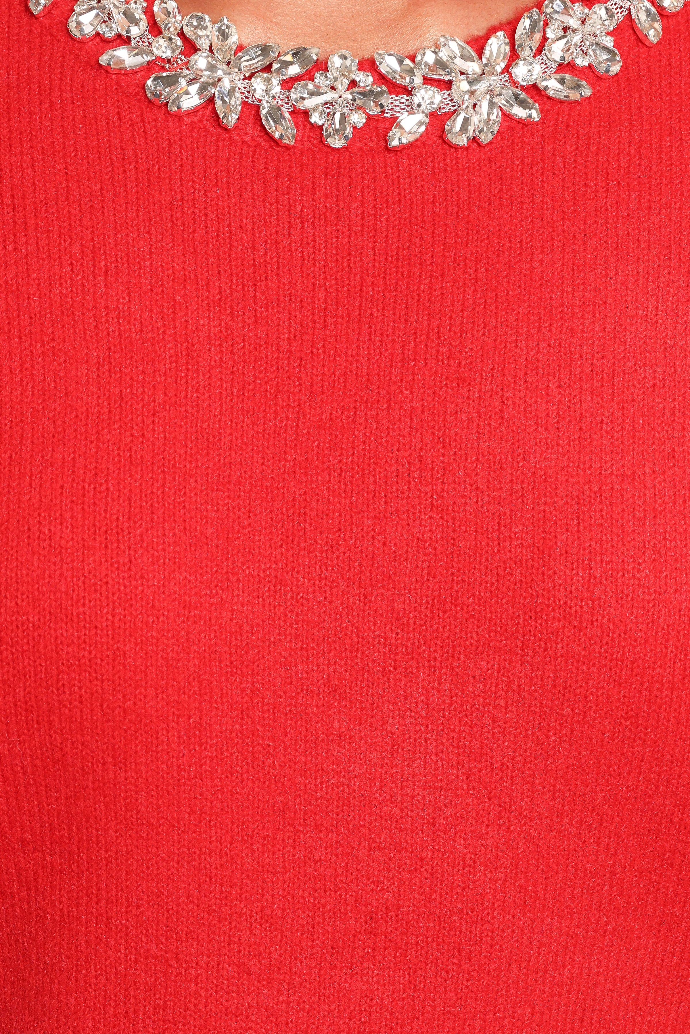 KNITWEAR Orlana Embellished Neck Short Sleeve Sweater - Red