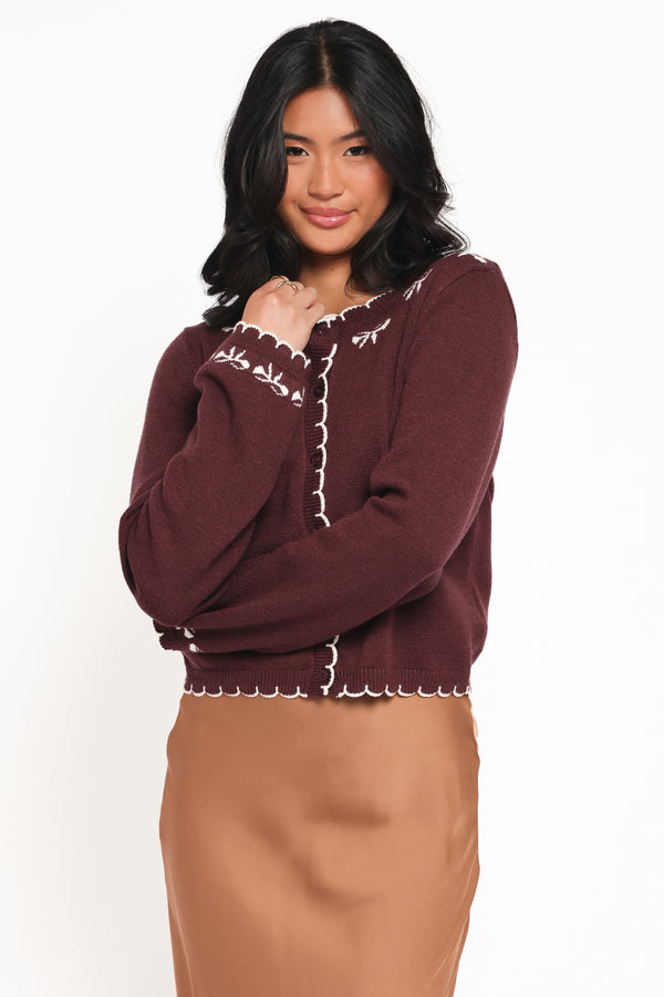 KNITWEAR Payton Bow Scallop Cardigan - Plum