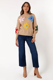 KNITWEAR @Raelynn Multi Color Flower Knit Sweater - Camel