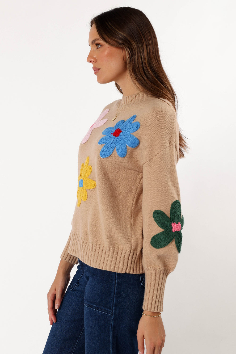 KNITWEAR @Raelynn Multi Color Flower Knit Sweater - Camel