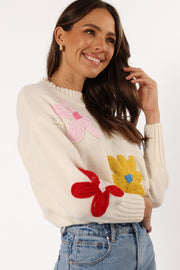 KNITWEAR @Raelynn Multi Color Flower Knit Sweater - Cream